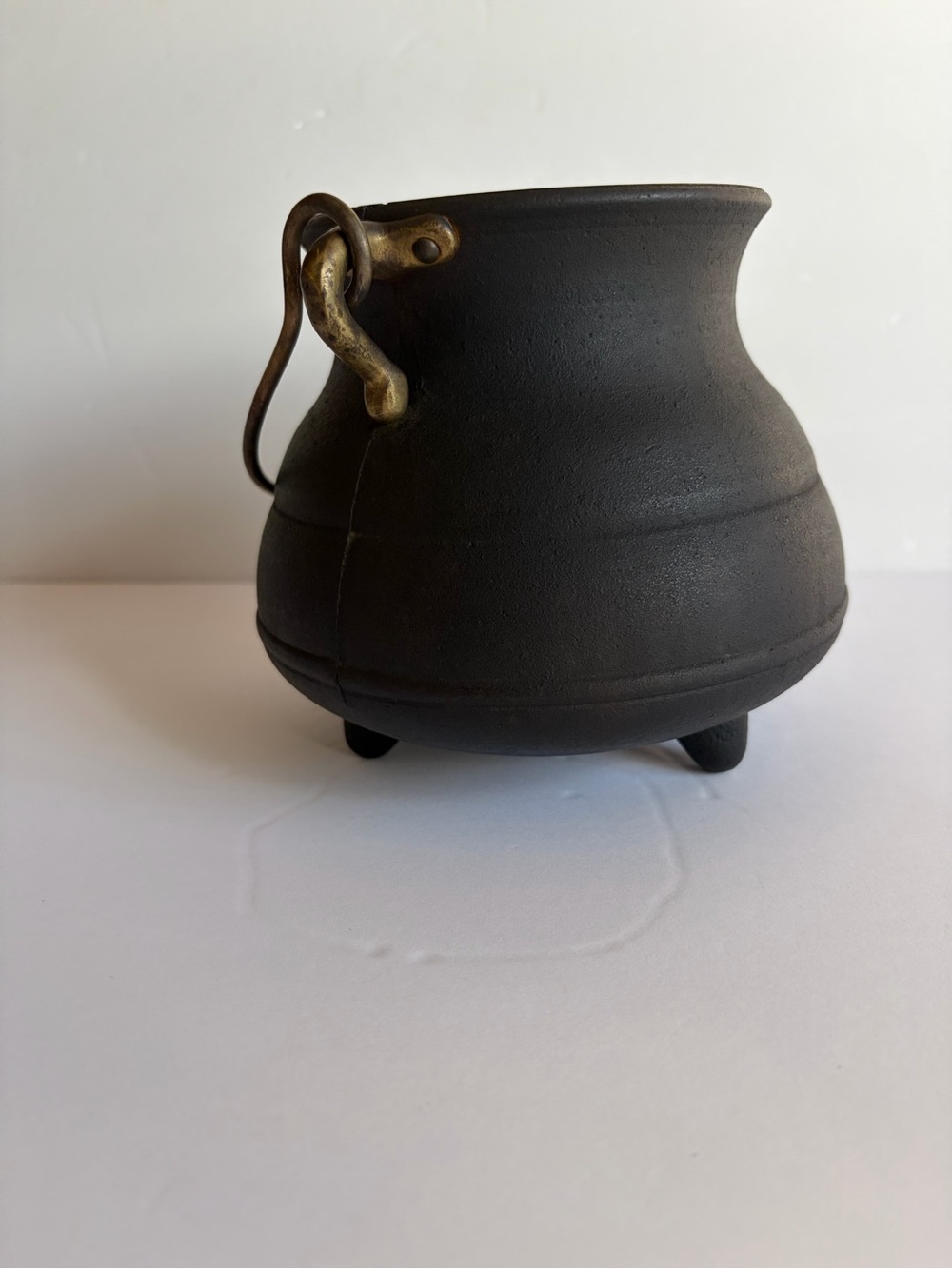 Black Cast Iron Cauldron Planter with Brass Handle